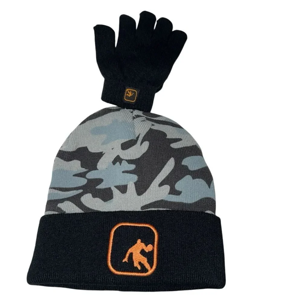NWT Kid’s Gray Camo Knit Beanie Black Cuff and Orange Jordan Logo and Gloves
